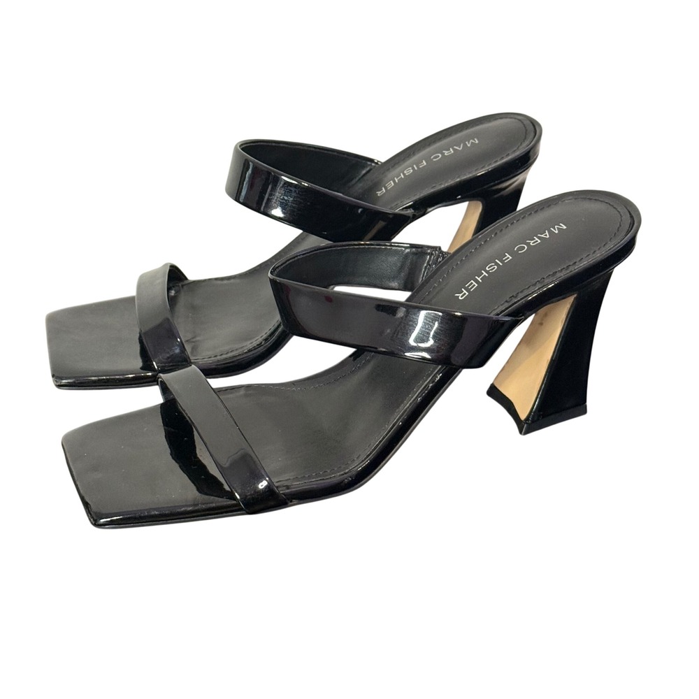 Marc Fisher Black Patent Square Toe Heeled Slide Sandals Womens 8 M Zasha